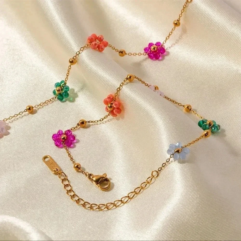 Flower Stainless Steel 18K Gold Waterproof Bead Flower Necklace Bracelet Set